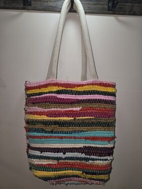 Hand Crafted Multicolor Striped Woven Tote with Cream Handles